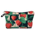 Close-up detail of cute strawberry print cosmetic makeup pouch with secure zipper closure. - Strawberry Checkerboard Style (hzk2649)