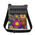 Close-up detail of the colorful retro floral print crossbody bag, showing double zippers and strap. - Multicolor Vintage Flowers (xk6508)