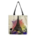 Eiffel Tower print canvas tote bag detail, featuring artistic watercolor flowers and straps. - Eiffel Tower And Watercolor Floral Style (hm7282) / 40x38cm