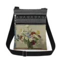 Close-up of the double zipper and adjustable strap on the floral print messenger bag. - Retro Oil Painting Floral Still Life Style (xkk2676)