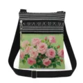 Casual canvas crossbody bag with floral oil painting print, double zippers and black strap. - Green Base Pink Rose Oil Painting Style (xkk2678)