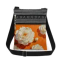 Crossbody shoulder bag with dual zippers, black-white stripes and orange floral print. - Orange Base White Flower Art Oil Painting Style (xkk2679)