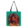 Black style printed canvas tote bag, detailed view of artistic floral woman portrait design. - Green Blue Tote Bag (hmk1702)