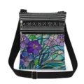Details of a lightweight crossbody bag with double zippers, purple floral print and adjustable strap. - Purple Floral Stained Glass Style (xkk2680)