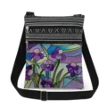 Details of crossbody bag with stained glass purple floral print, adjustable strap and double zippers. - Colorful Violet Floral Style (xkk2681)