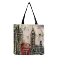 Close-up detail of the London watercolor print canvas tote bag, showing Big Ben and booth. - London Sketch Street Scene Style (hm7289) / 40x38cm