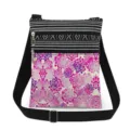 Detail view of small crossbody bag featuring pink floral print and black adjustable strap. - Pink-Purple Floral Print (xk6521)