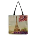 Detailed view of the watercolor Eiffel Tower print on fabric, showing art details and black strap. - Eiffel Tower Watercolor Landscape Style (hm7300) / 40x38cm
