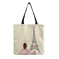 Detailed view of the Eiffel Tower watercolor print canvas tote bag, spacious casual shoulder bag. - Paris Tower And Girl Watercolor Style (hm7301) / 40x38cm