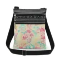 Detailed view of the small crossbody bag with colorful floral print, double zippers and strap. - Colorful Flower Front Pocket Style (xk6525)