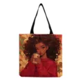Canvas tote bag with black woman coffee print, stylish casual shoulder handbag for women. - Black Illustration Style (hmk2824)
