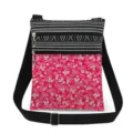 Small floral crossbody bag with dual zippers, black and white striped design and adjustable strap. - Pink Multi-Flower Fabric (xk6526)