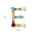 Detailed dimension graphic of copper letter E pendant featuring colorful cubic zirconia stones. - Letter E / 21mm x 14mm