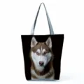 Casual large capacity canvas tote bag featuring a cute brown husky dog print and silver straps. - Brown Husky Dog Print (hl5125)