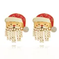 Close-up of Christmas Santa Claus enamel earrings with sparkling rhinestone hat and pearl tassel beard. - Artificial Pearl Tassel Santa Claus (EHLT-25828-HONGS)