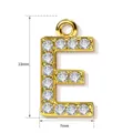 Close-up detail of gold letter E pendant with sparkling crystal diamonds, 13x7mm size. - Letter E