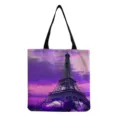 Eiffel Tower print canvas tote bag, stylish purple landscape shoulder bag for daily use. - Eiffel Tower Purple Landscape Style (hm7308) / 40x38cm