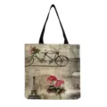 Vintage Eiffel Tower Print Tote Bag Casual Eco-Friendly Linen Shoulder Shopping Bag - Tower Bicycle And Flowers Style (hm7309) / 40x38cm