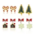 Christmas earrings set cute bow tree gingerbread house snowflake alloy enamel gifts - Christmas Tree Gingerbread House Bow Earring Set (EDLT-25816-CAIS)