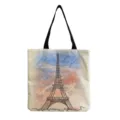 Canvas tote bag featuring Eiffel tower watercolor print large capacity casual shoulder bag. - Watercolor Tower Landscape Print Style (hm7312) / 40x38cm