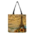 Eiffel Tower print canvas tote bag, eco-friendly large capacity casual shoulder bag. - Tower And Sunflower Landscape Style (hm7314) / 40x38cm