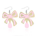 Cute pink bow dangle earrings with gold trim and teardrop pendant for women and girls daily wear. - Pink Bow Water Drop Pendant (EHSC-672T-FENS)