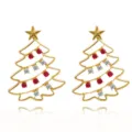 Gold Christmas tree stud earrings with red and white crystals for festive holiday wear. - Rhinestone Christmas Tree (EHLT-25827-JINS)