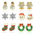 Christmas rhinestone stud earrings set, festive holiday enamel earrings for women girls. - Christmas Series 6-Pair Earring Set (EDLT-25814-CAIS)