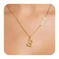 Minimalist gold tone letter B bamboo pendant and cross chain necklace for women detail view - Letter B