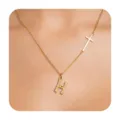 Detail shot of the gold letter H pendant and side cross necklace, delicate clavicle chain. - Letter H