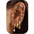 Gold multi-piece ear cuff and stud set with crystal star and teardrop pendants for women. - Gold Style 4 (2025-07-E-2139)