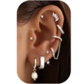 Multi-piece silver ear cuff stud set cartilage piercing earrings minimalist jewelry for women - Silver Style 5 (2025-07-E-2139)