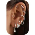 Silver multi-piece earring set featuring trendy cartilage hoops, studs, and chain designs for women. - Silver Style 8 (2025-07-E-2139)