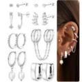 Silver Earring Set Zircon Pearl Cartilage Hoop Earrings for Women Fashion Jewelry - Silver Style 9 (2025-07-E-2139)