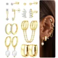 Gold hoop earrings set for women cartilage chain earrings minimalist trendy jewelry style - Gold Style 10 (2025-07-E-2139)