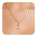 Gold initial J necklace with sideways cross pendant, stylish dainty clavicle chain for women. - Letter J
