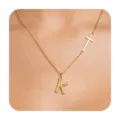 Gold initial necklace with cross charm, bamboo style letter K pendant, stylish clavicle chain. - Letter K