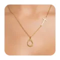 Gold sideways cross necklace with circular pendant, elegant minimalist clavicle chain. - Letter O