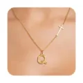Gold initial Q letter and cross pendant necklace chic layered fashion jewelry for women. - Letter Q