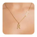 Gold initial letter R necklace with cross pendant dainty chain fashion jewelry for women - Letter R