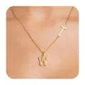 Gold letter W necklace with cross charm, minimalist dainty clavicle chain jewelry for women. - Letter W