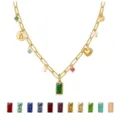 Gold paperclip chain birthstone charm necklace with green emerald cut pendant and multi charms. - May Birthstone