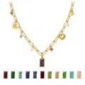 Gold Plated Link Chain Necklace with Multi Charms and Colored Birthstone Pendant Options - February Birthstone