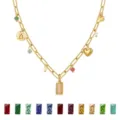 Gold Link Chain Birthstone Necklace with Multi Charms Pendant Fashion Jewelry Gift for Women - April Birthstone