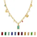 Gold-plated multi-charm necklace with rectangular birthstone pendant and color options. - December Birthstone