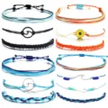Handmade woven braided rope bracelets set with wave and sunflower charms for beach surfing style. - Blue and Orange Surfing Woven Bracelet Set (30) / Colorful