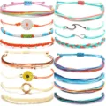 Close-up of handmade woven cord bracelets featuring colorful string, daisy charms and wave pendants. - Daisy Wave Style (32)