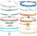 Detailed view of handmade braided string stacking bracelets featuring multiple cute charms. - Style 42