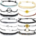 Handmade woven rope bracelets set featuring wave and sunflower charms for beach surfing. - Wave Sunflower Woven Cord Bracelet Matrix Set (28) / Colorful
