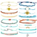 Handmade braided cord bracelet set surf style colorful adjustable jewelry detail display. - Sunflower Wave Rainbow Woven Bracelet Set (27) / Colorful